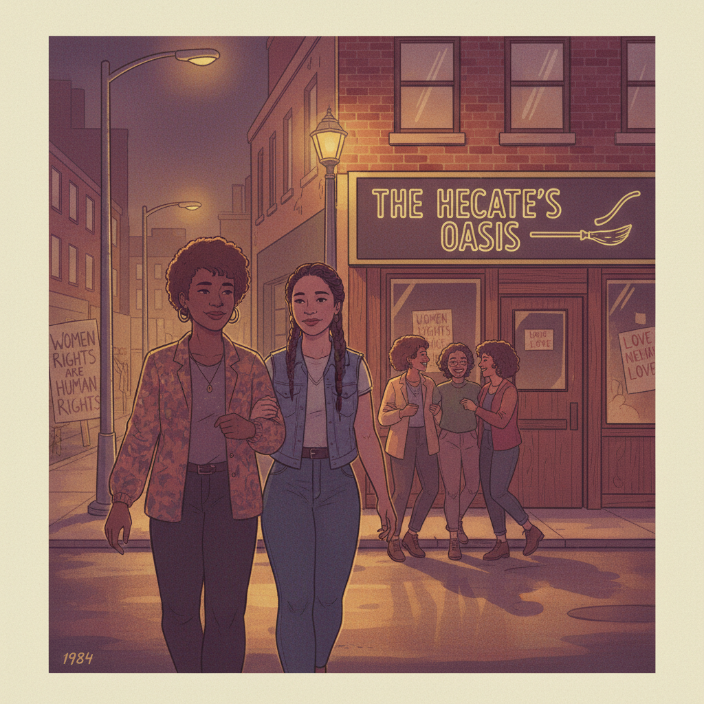 A painterly illustration of women walking arm in arm at night on a city street, warm amber streetlights, a sense of solidarity and quiet defiance