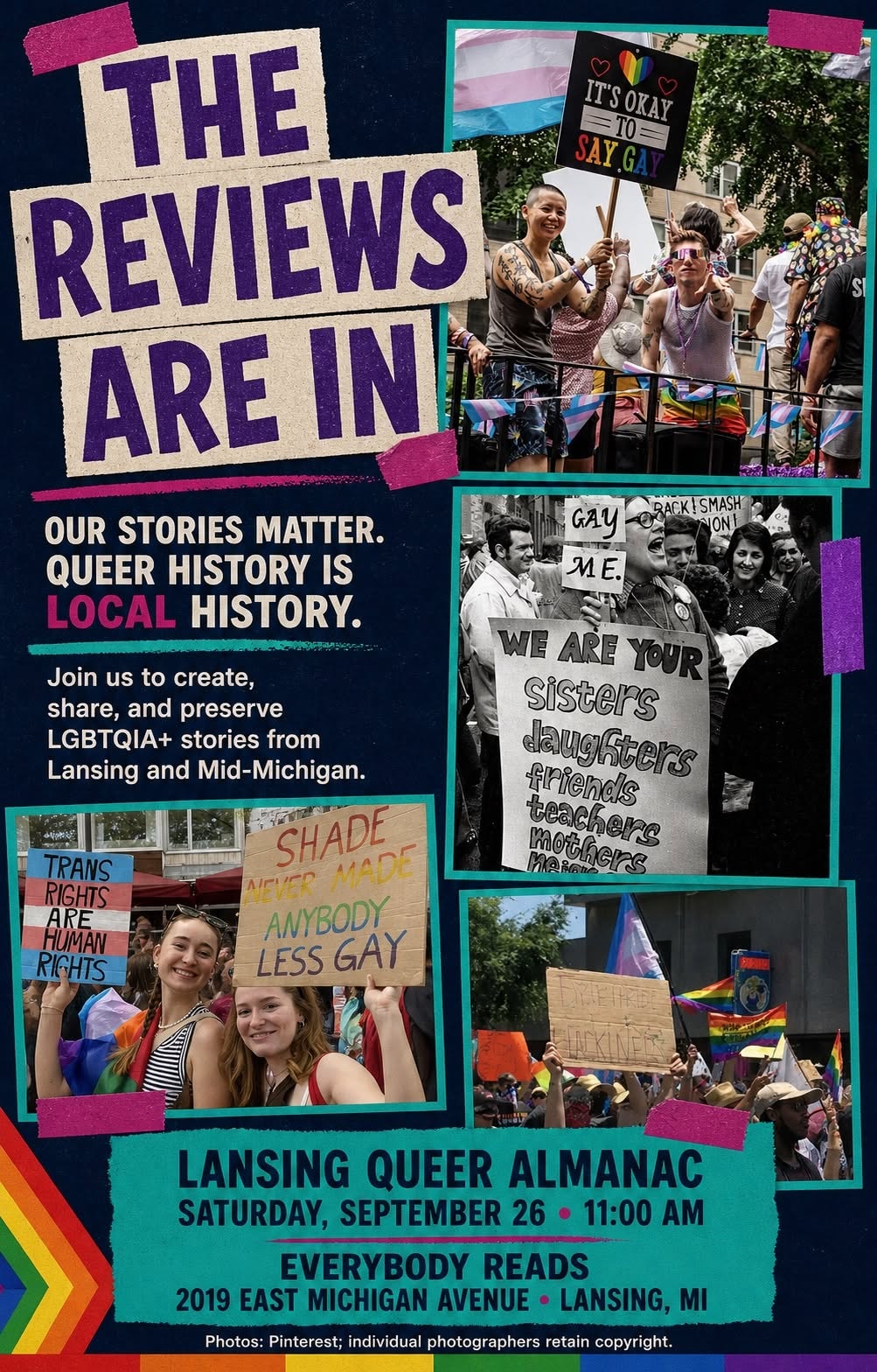 Lansing Queer Almanac meeting flier — third Saturday of each month at 11:00 AM at Everybody Reads Bookstore