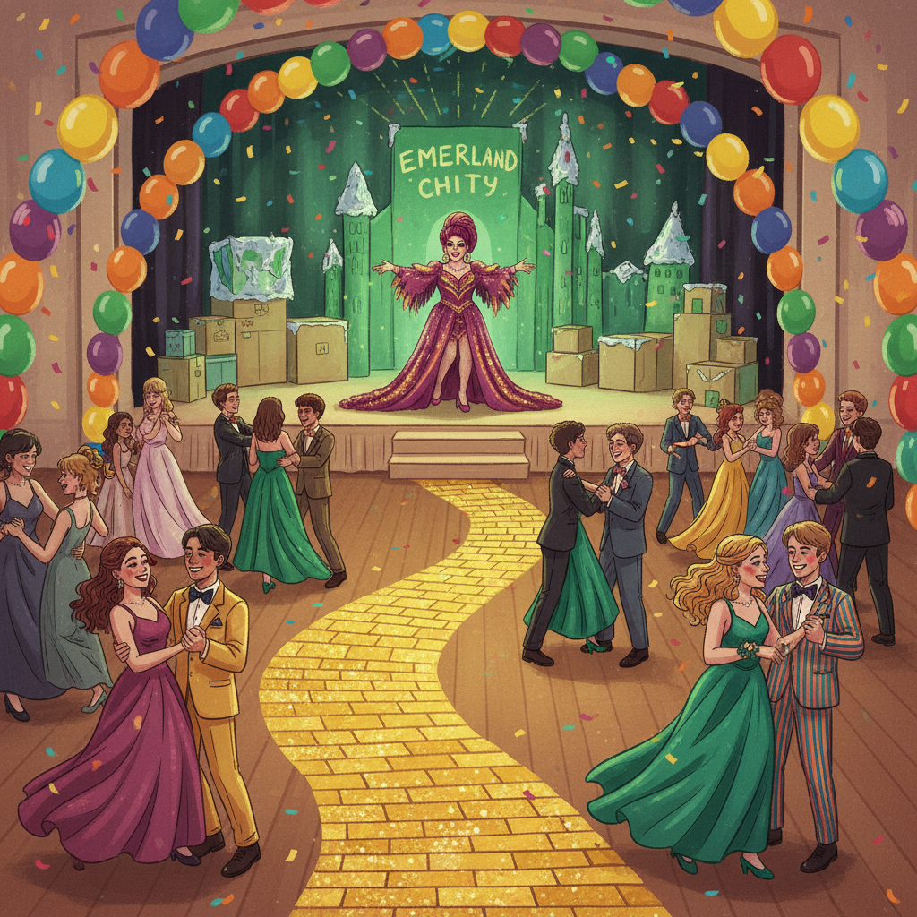 A warm editorial illustration of an LGBTQ+-affirming prom with a yellow brick road, rainbow balloons, and a joyful ballroom celebration